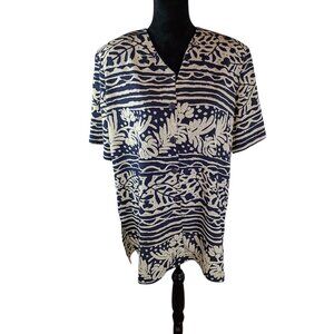 ALIA Women's Blouse Top 2X Navy White Striped Polka Dots Floral Polyester